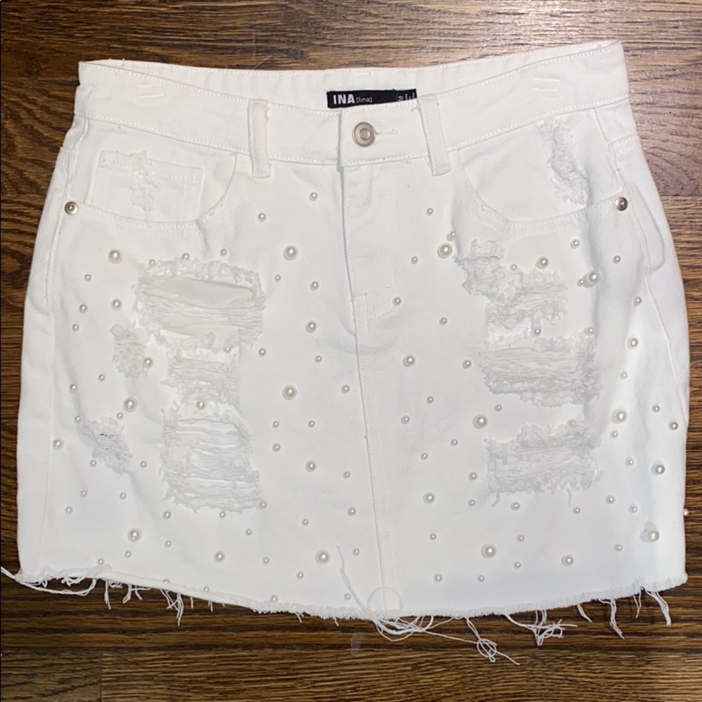 White Pearl Denim Skirt